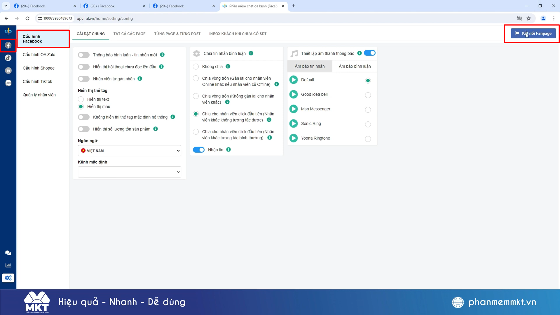 Thực hiện thao tác kêt nôi nhiều Fanpaeg Facebook trên Upviral